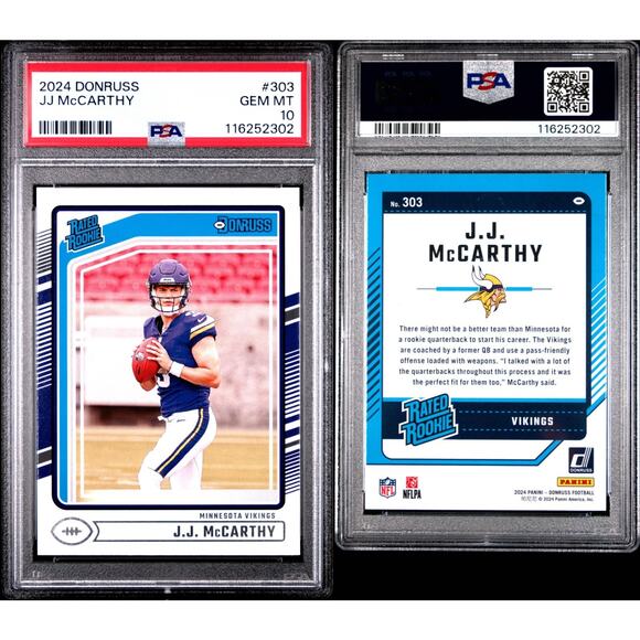 2024 Panini Donruss Rated Rookie J.J. McCarthy #303 (RC) PSA 10 GEM MINT VIKINGS - Picture 1 of 3